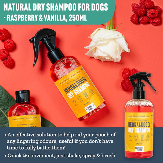 Herbal Dog Co Natural Dry Shampoo for Dogs & Puppies - Raspberry & Vanilla, 250ml - Dog Grooming Dog Perfume & Conditioner - Hypoallergenic, Vegan, Made in UK?Raspberry & Vanilla
