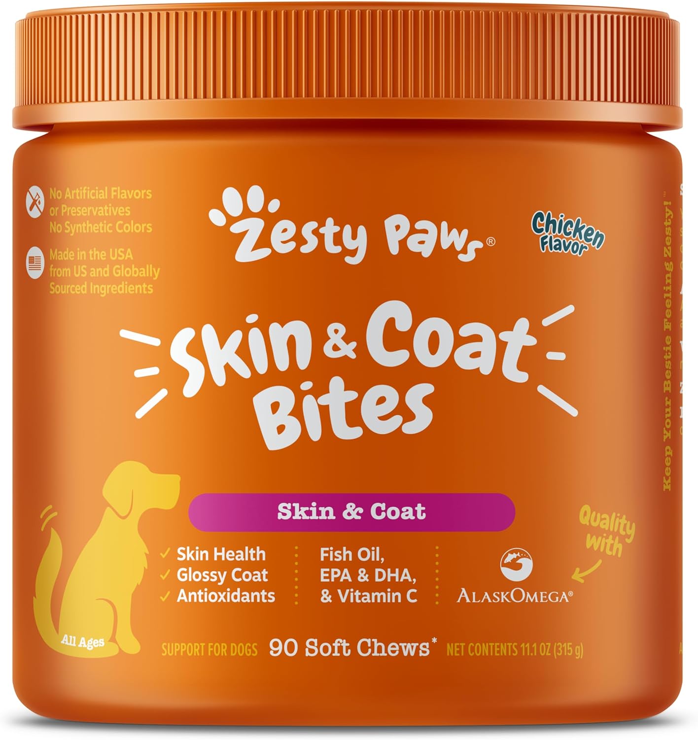 Zesty Paws Omega 3 Alaskan Fish Oil Chew Treats for Dogs - with AlaskOmega for EPA & DHA Fatty Acids - Hip & Joint Support + Skin & Coat Chicken Flavor (90 Soft Chews)