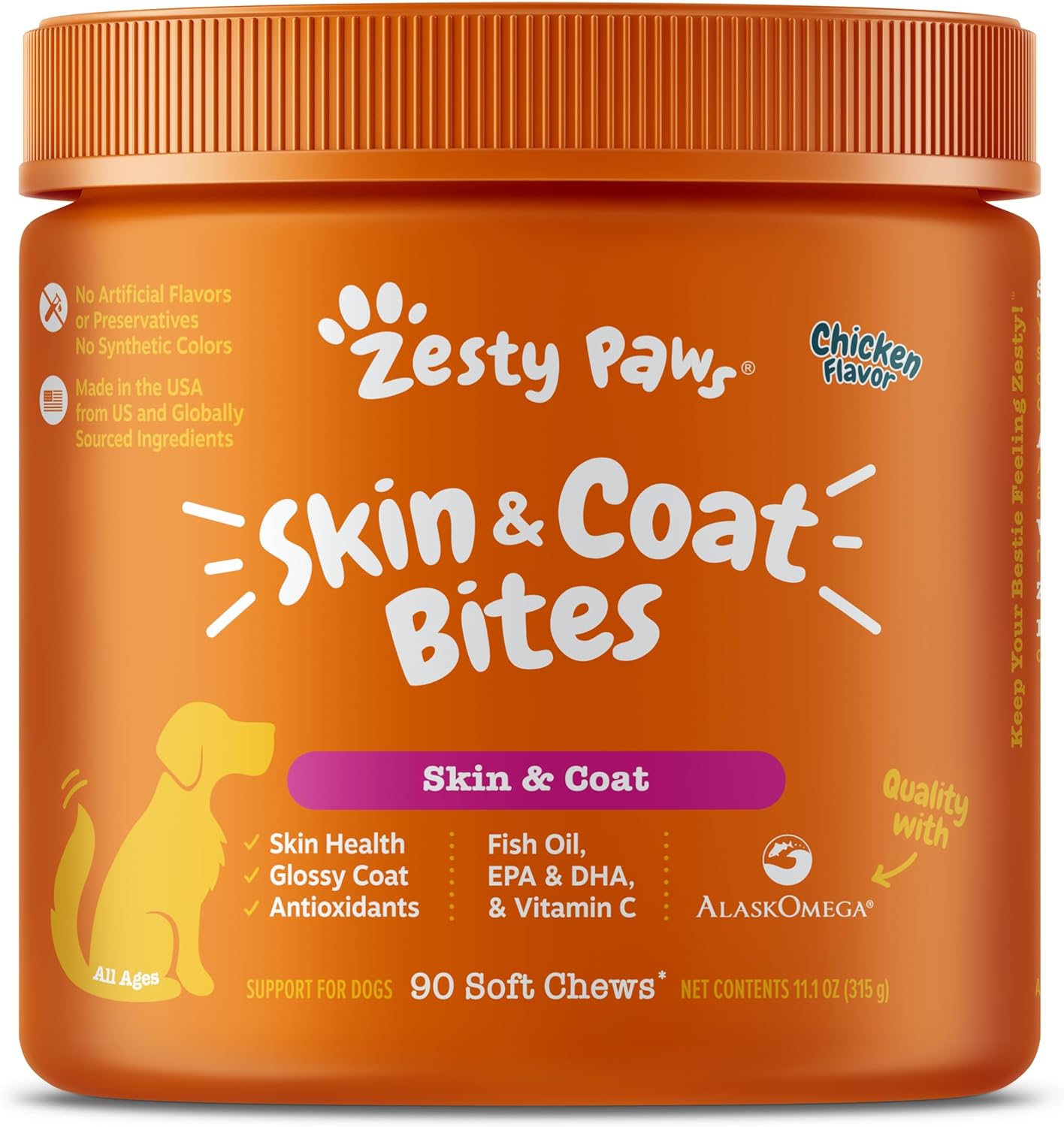 Zesty Paws Omega 3 Alaskan Fish Oil Chew Treats For Dogs - With Alaskomega For Epa & Dha Fatty Acids - Hip & Joint Support + Skin & Coat Chicken Flavor (90 Soft Chews)