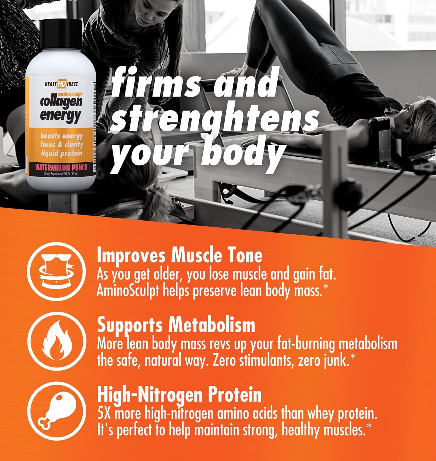 Health Direct - High-Energy Liquid Collagen - Aminosculpt Collagen Energy - 12 Servings 12Pk, 2Oz Shots - Watermelon Punch - Supports Focus & Clarity - Boosts Daytime Vitality - Better For Hair & Skin : Health & Household