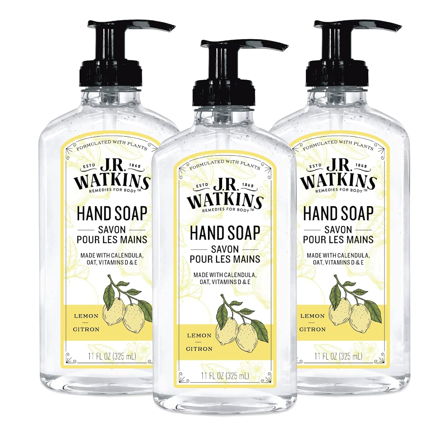 J.R. Watkins Liquid Hand Soap With Dispenser, Moisturizing Hand Soap, Alcohol-Free Hand Wash, Cruelty-Free, Usa Made Liquid Soap For Bathroom Or Kitchen, Lemon, 11 Fl Oz, 3 Pack