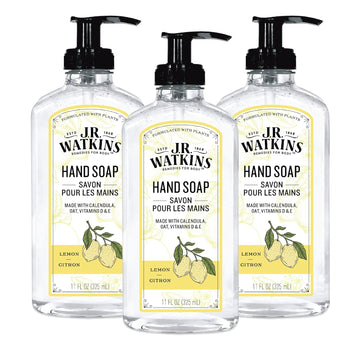 J.R. Watkins Liquid Hand Soap With Dispenser, Moisturizing Hand Soap, Alcohol-Free Hand Wash, Cruelty-Free, Usa Made Liquid Soap For Bathroom Or Kitchen, Lemon, 11 Fl Oz, 3 Pack