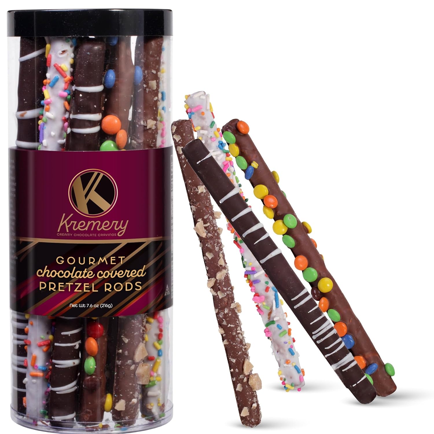 Kremery Creamy Chocolate Cravings - Chocolate Covered Pretzel Rods Basket In Clear Tube (8 Count) Appreciation Birthday Sweet Treats - Assorted Candy Toppings - Kosher Dairy