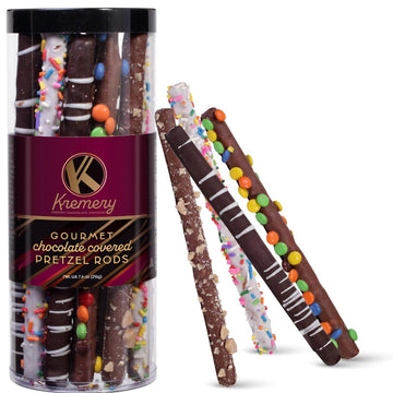 Kremery Creamy Chocolate Cravings - Chocolate Covered Pretzel Rods Basket In Clear Tube (8 Count) Appreciation Birthday Sweet Treats - Assorted Candy Toppings - Kosher Dairy