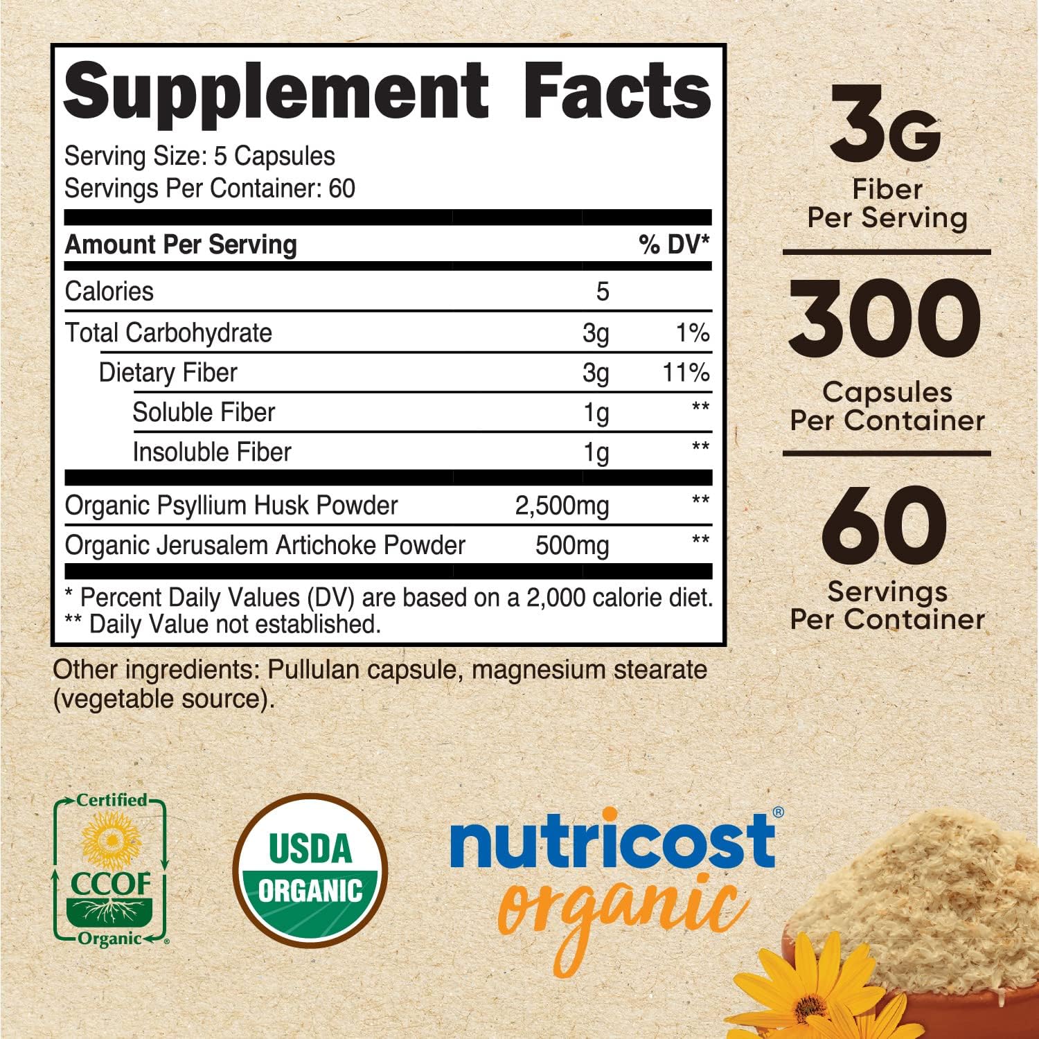 Nutricost Fiber Capsules with Prebiotic Fiber Supplement 300 Capsules - Made with Organic Psyllium Husk & Organic Jerusalem Artichoke, 60 Servings, Gluten Free, 3 G Per Serving