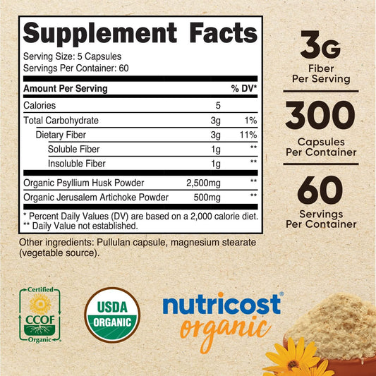 Nutricost Fiber Capsules with Prebiotic Fiber Supplement 300 Capsules - Made with Organic Psyllium Husk & Organic Jerusalem Artichoke, 60 Servings, Gluten Free, 3 G Per Serving