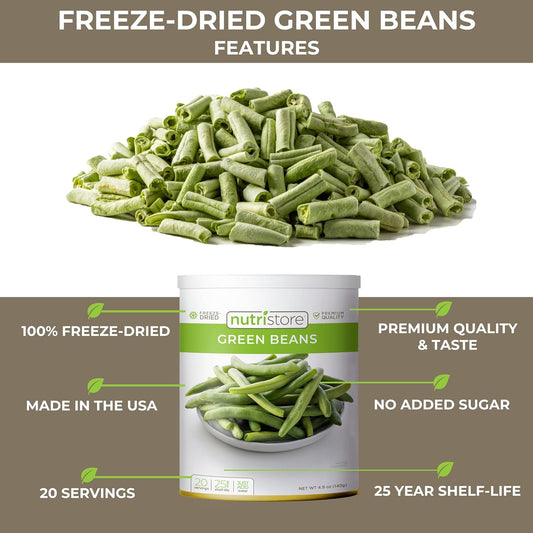 Nutristore Freeze Dried Green Beans | Vegetables for Healthy Snack or Long Term Storage | Emergency Survival Canned Food Supply | Bulk #10 Can Veggies | 25 Year Shelf Life | 20 Servings