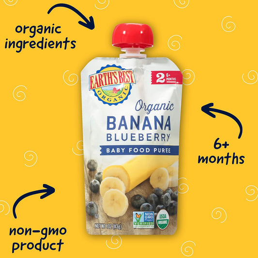 Earth'S Best Organic Baby Food Pouches, Stage 2 Fruit Puree For Babies 6 Months And Older, Organic Banana And Blueberry Puree, 4 Oz Resealable Pouch (Pack Of 16)