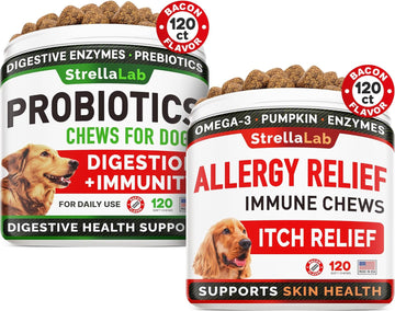 Dog Probiotics Treats + Allergy Relief - Digestive Enzymes + Prebiotics - Chewable Fiber Supplement, Itchy Skin Treatment With Omega 3 & Pumpkin, Dogs Itching And Licking Treats