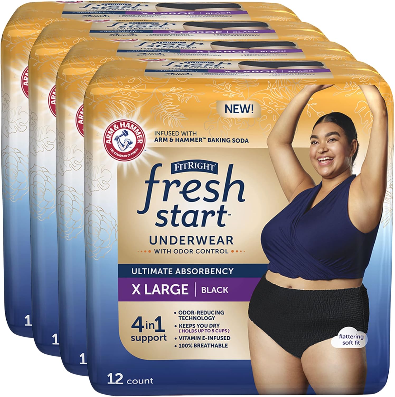 Fitright Fresh Start Incontinence And Postpartum Underwear For Women, Xl, Black (48 Count) Ultimate Absorbency, Disposable Underwear With The Odor-Control Power Of Arm & Hammer