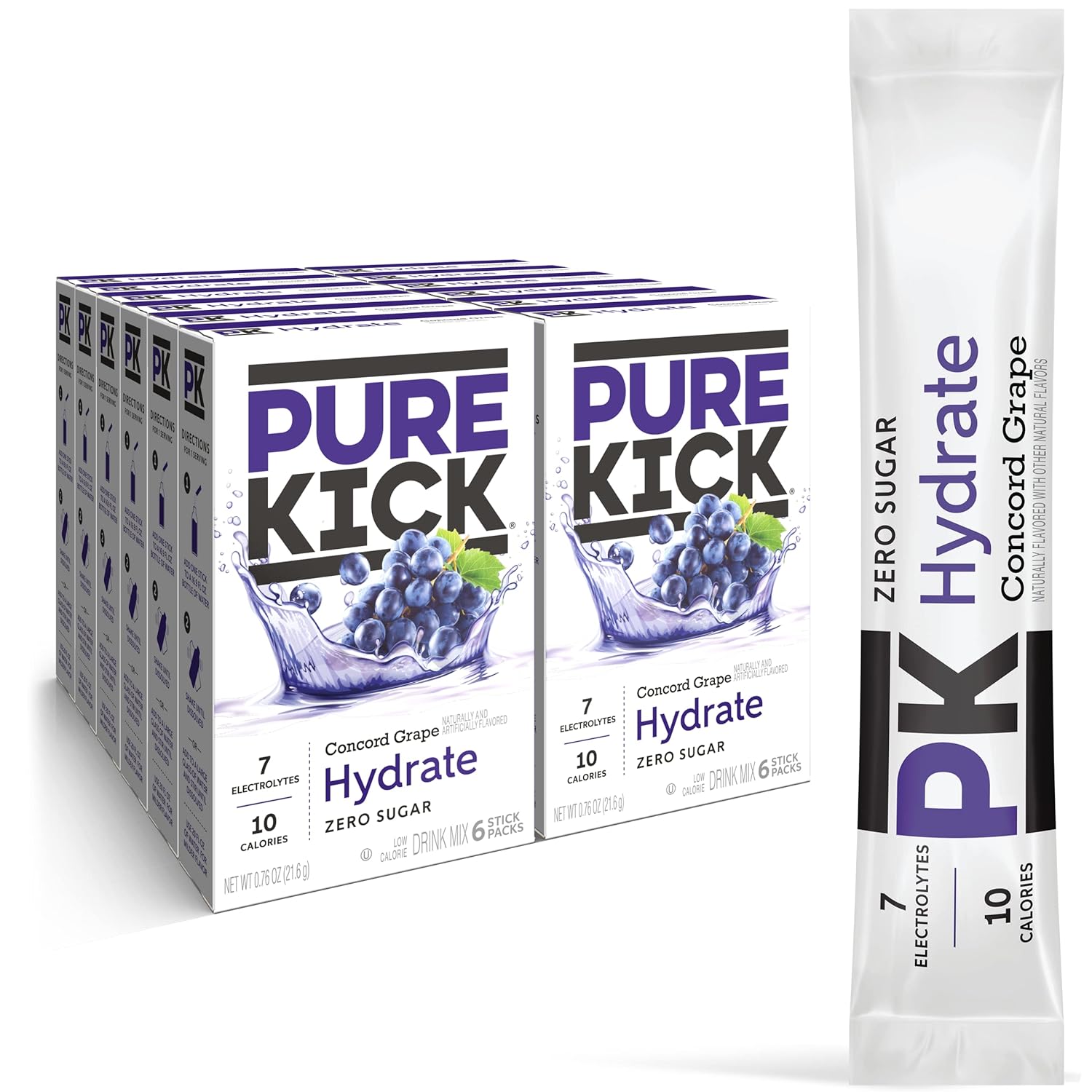 Pure Kick Hydration Singles To Go Drink Mix, Concord Grape, Includes 12 Boxes With 6 Packets In Each Box, 72 Total Packets