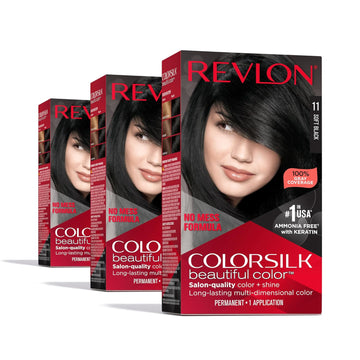 Revlon Colorsilk Beautiful Color Permanent Hair Color, Long-Lasting High-Definition Color, Shine & Silky Softness With 100% Gray Coverage, Ammonia Free, 11 Soft Black, 3 Pack