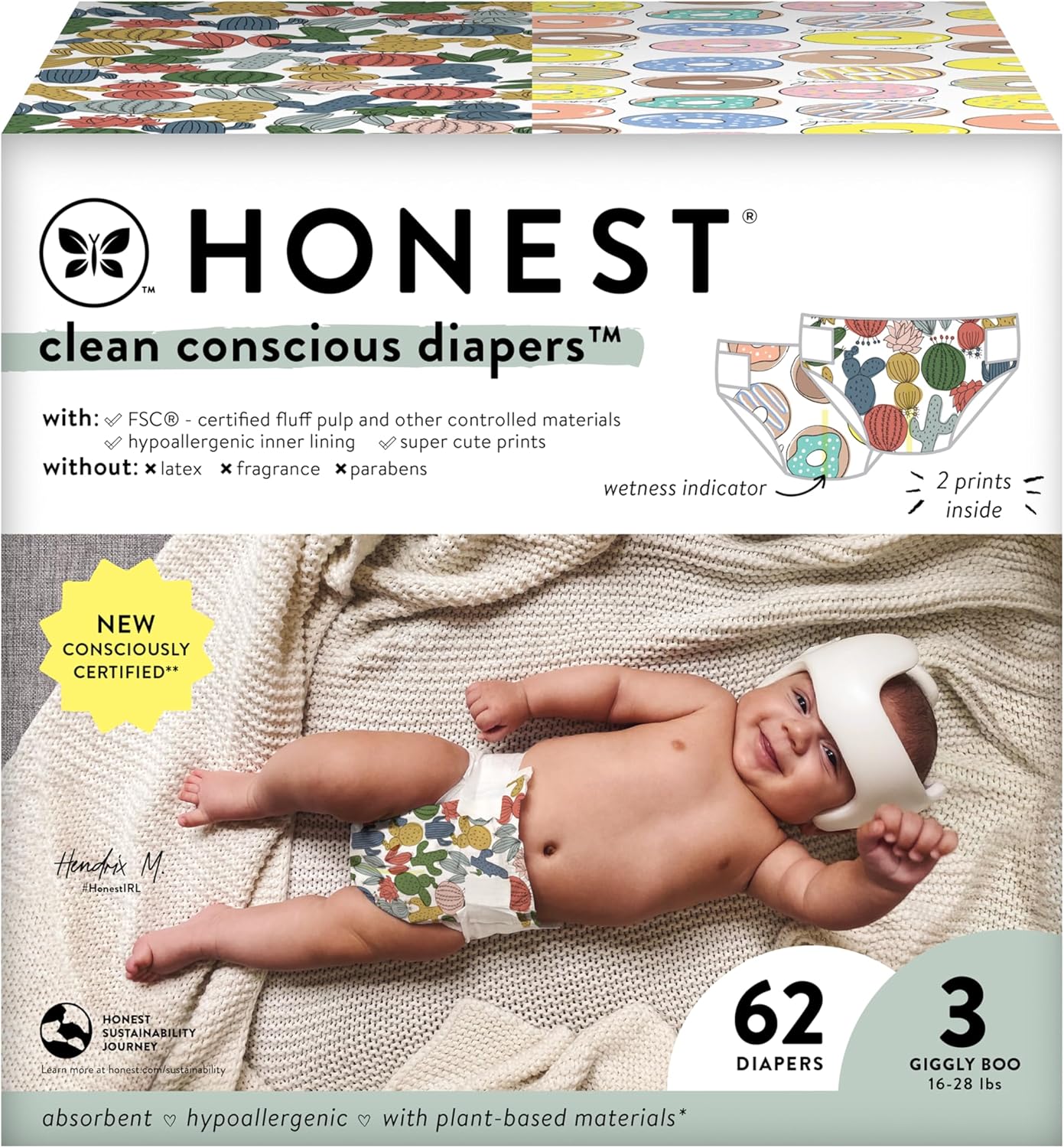 The Honest Company Clean Conscious Diapers | Plant-Based, Sustainable | Cactus Cuties + Donuts | Club Box, Size 3 (16-28 Lbs), 62 Count