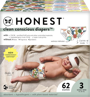 The Honest Company Clean Conscious Diapers | Plant-Based, Sustainable | Cactus Cuties + Donuts | Club Box, Size 3 (16-28 Lbs), 62 Count