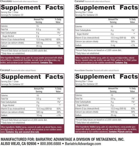 Bariatric Advantage Calcium Citrate Chewy Bites 500 Mg - For Bariatric Surgery Patients - Vitamin D3 - Sugar-Free Chewable Calcium Supplement - Bariatric Chews - Assorted Sweet Flavor - 90 Count