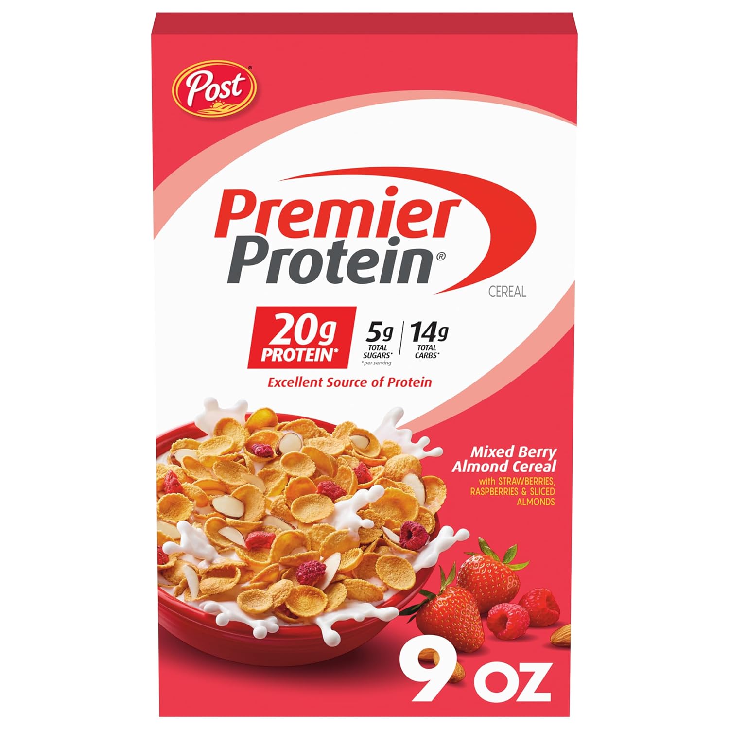 Post Premier Protein Mixed Berry Almond cereal, high protein cereal, protein-rich breakfast or snack made with real berries and almonds, 9 Ounce - 1 count