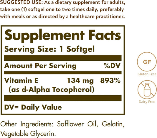 Solgar Vitamin E 200 Iu Alpha, 100 Softgels - Antioxidant, Healthy Aging, Healthy Skin, Immune System Support - Natural Source Vitamin E - Gluten Free, Dairy Free - 100 Servings