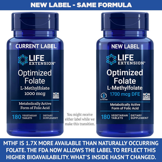 Life Extension Optimized Folate (L-Methylfolate) 1700 mcg DFE, 180 Veg Tablets (Pack of 2)