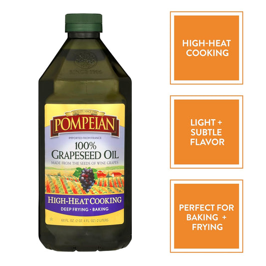 Pompeian 100% Grapeseed Oil, Light And Subtle Flavor, Perfect For High-Heat Cooking, Deep Frying And Baking, 68 Fl. Oz