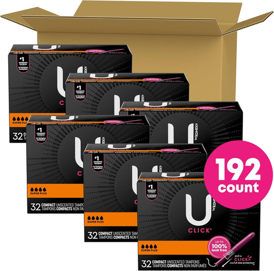 U By Kotex Click Compact Tampons, Super Plus Absorbency, Unscented, 192 Count (6 Packs Of 32) (Packaging May Vary)