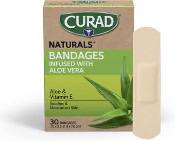 Curad Naturals Aloe Vera & Vitamin E Bandages 0.75" X 3", Individually Wrapped Sterile Bandage, First Aid Kit Essential, Protects Scrapes And Cuts, Absorbent And Self-Adhesive, 30-Count Box