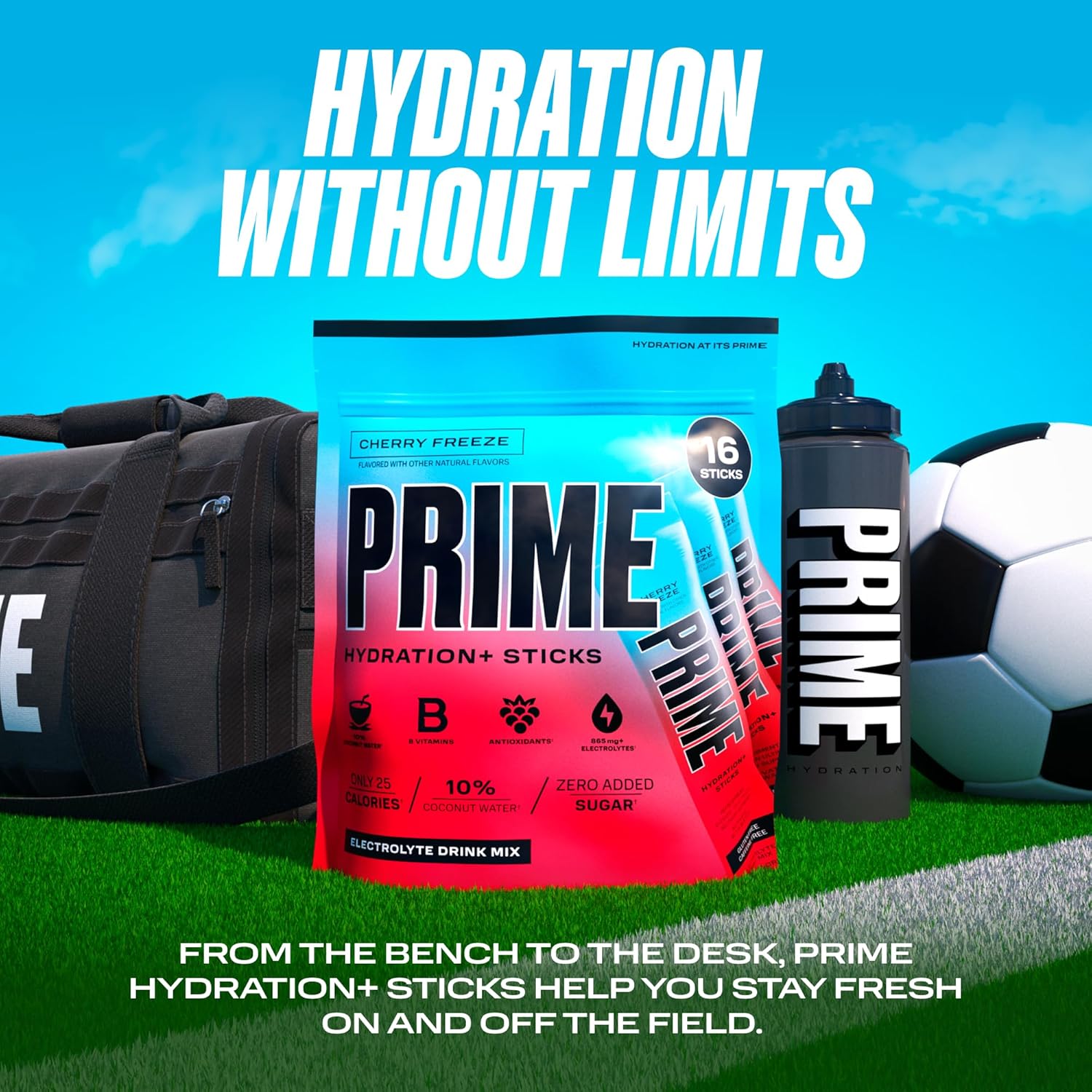 Prime Hydration+ Sticks Cherry Freeze | Hydration Powder Single Serve Sticks | Electrolyte Powder On The Go | Low Sugar | Caffeine-Free | Vegan | 16 Sticks