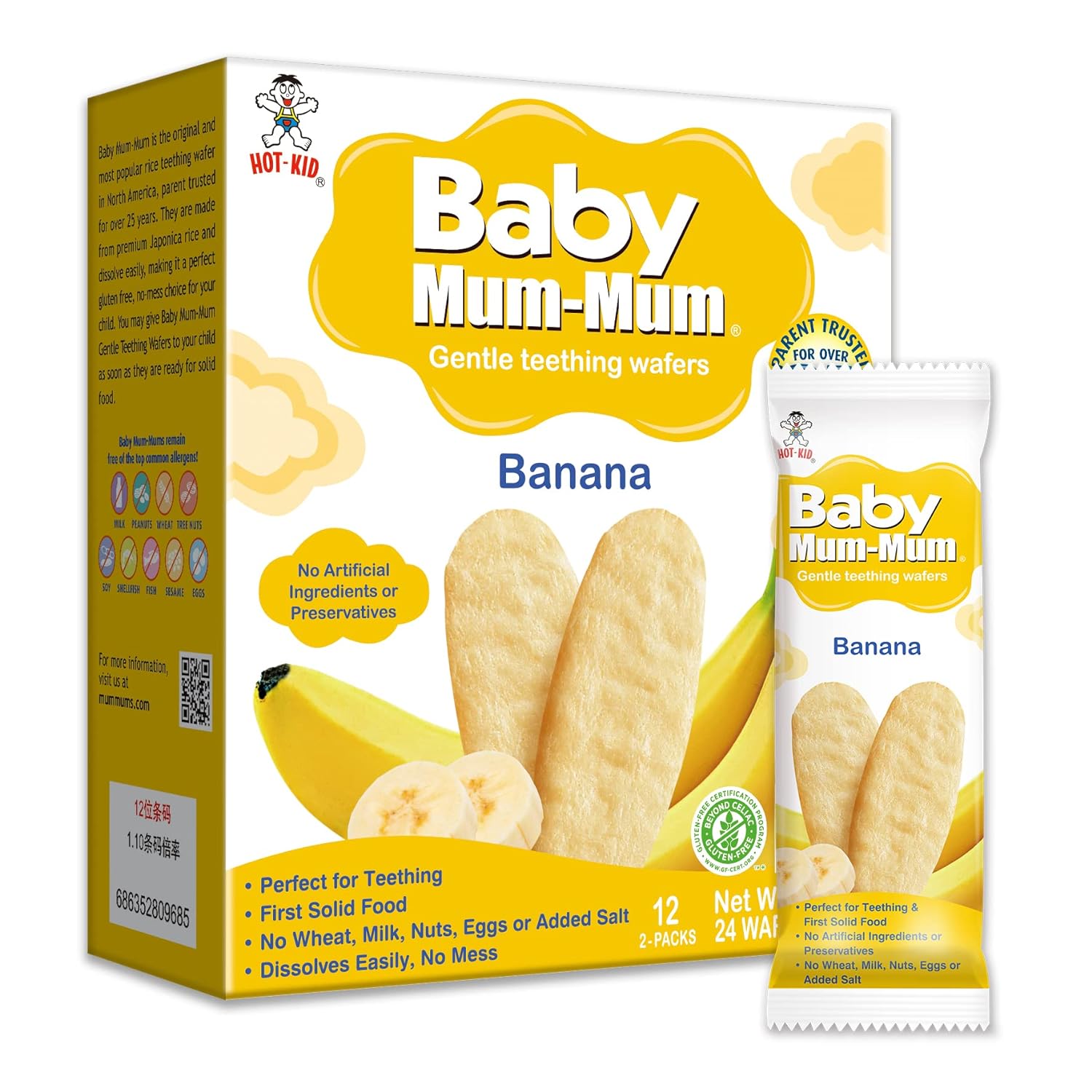 Hot-Kid Baby Mum-Mum Rice Rusks, Banana, 24 Pieces (Pack of 6) Gluten Free, Allergen Free, Non-GMO, Rice Teether Cookie for Teething Infants