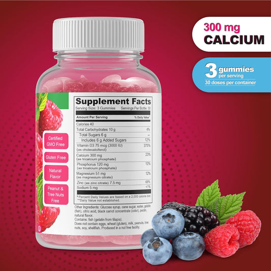 Calcium Magnesium Zinc Gummies, Gmo-Free Gluten Free, Great Taste Natural Raspberry Flavor Gummy Vitamins, 90 Gummies