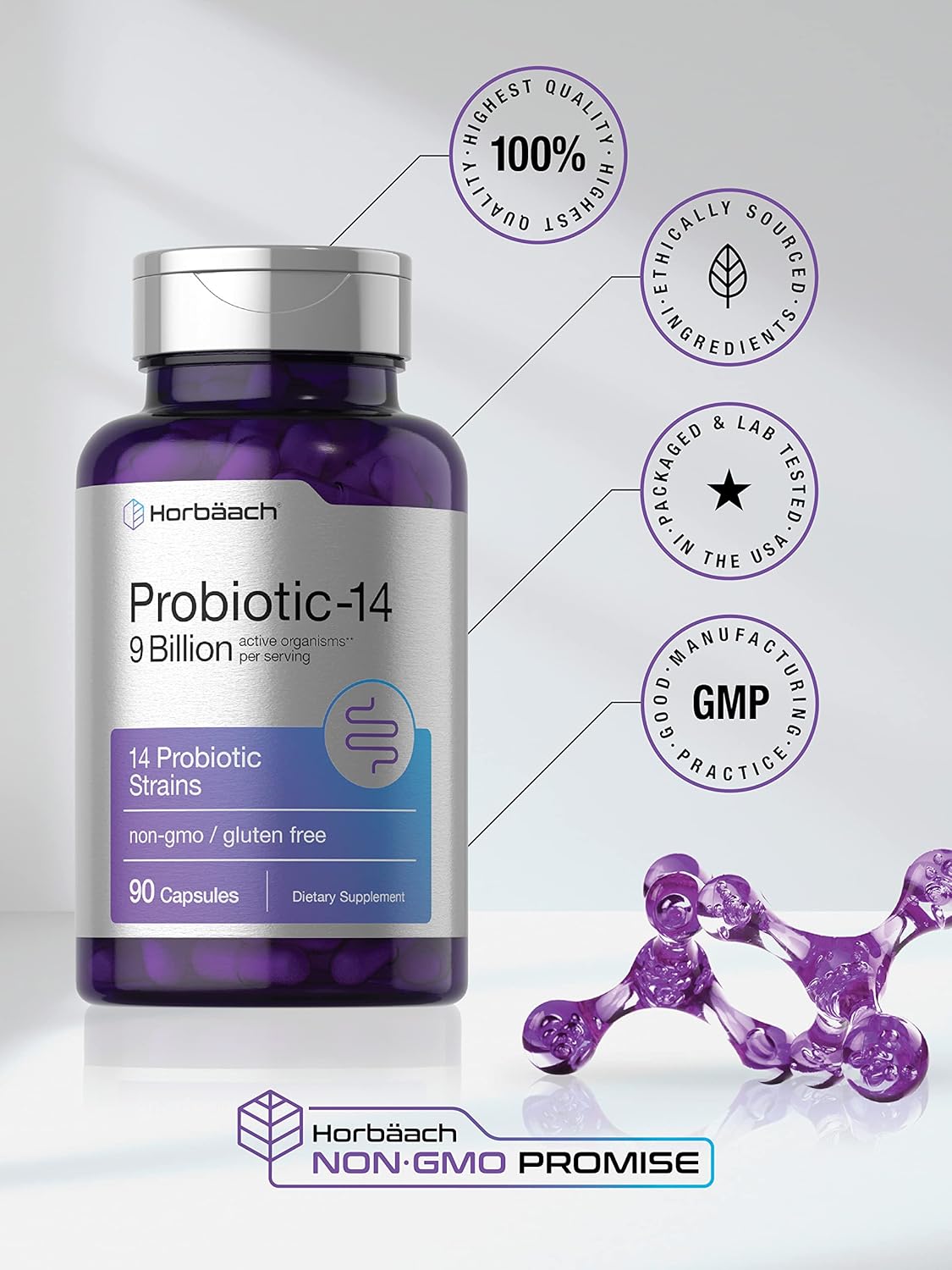 Horbäach Probiotics for Women & Men | 9 Billion CFU | 90 Capsules | 14 Strains | Non-GMO & Gluten Free