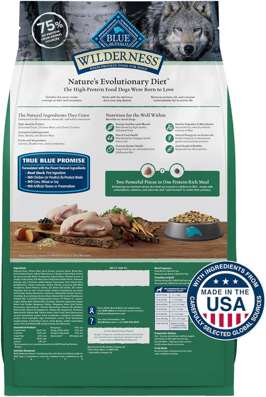 Blue Buffalo Wilderness Natural High-Protein Dry Food For Adult Dogs, With Wholesome Grains, Duck, 24-Lb Bag