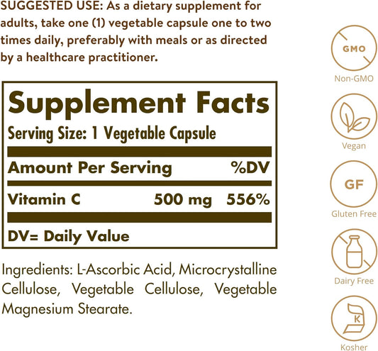 Solgar Vitamin C 500 Mg, 250 Vegetable Capsules - Antioxidant & Immune Support - Overall Health - Supports Healthy Skin & Joints - Non-Gmo, Vegan, Gluten Free, Kosher - 250 Servings