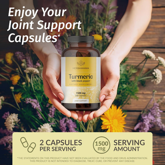 Herbamama Turmeric Curcumin Capsules - 1500 Mg Turmeric With Black Pepper For Joint Support - Easy Digestion & Joint Health Supplement - Vegan, Non-Gmo - 250 Caps