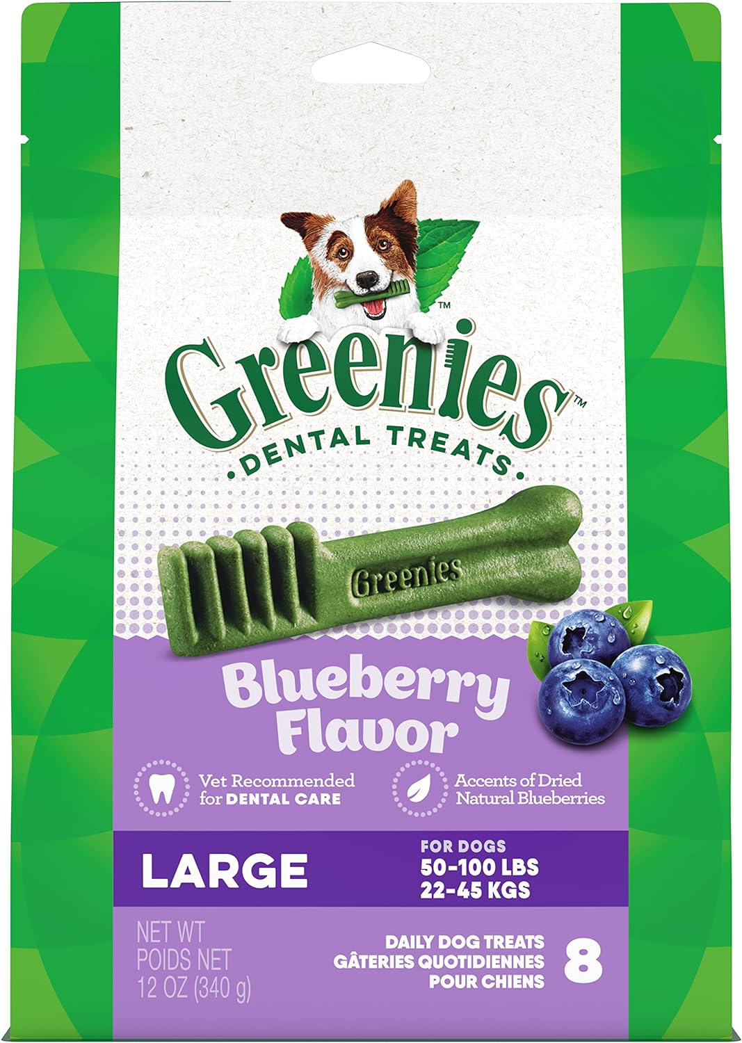 Greenies Large Natural Dental Care Dog Treats Blueberry Flavor, 12 Oz. Pack (8 Treats)