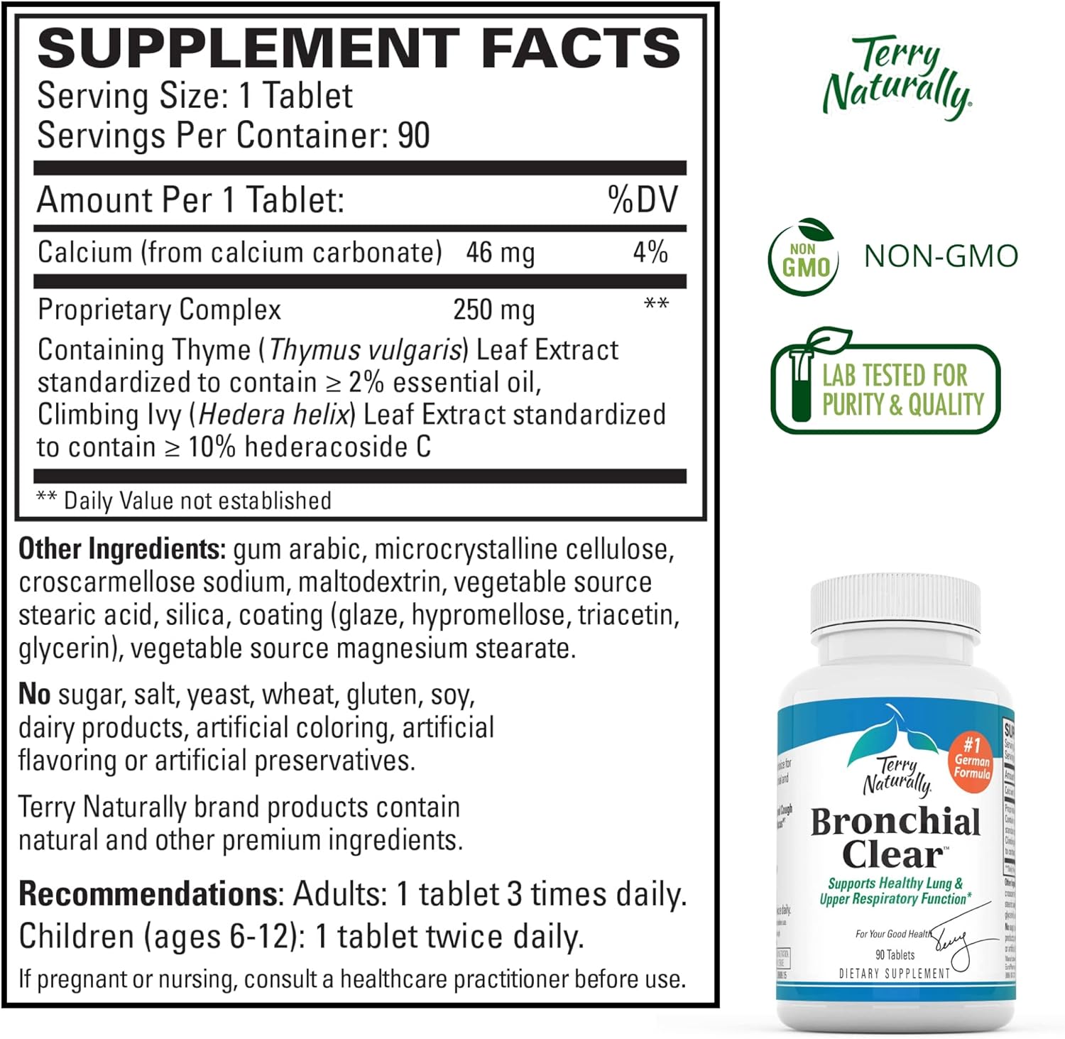 Terry Naturally Bronchial Clear - 90 Tablets - Soothing Lung & Upper Respiratory Function Support Supplement, Non-Drowsy, Non-Jittery - Non-GMO, Gluten-Free - 90 Servings : Health & Household