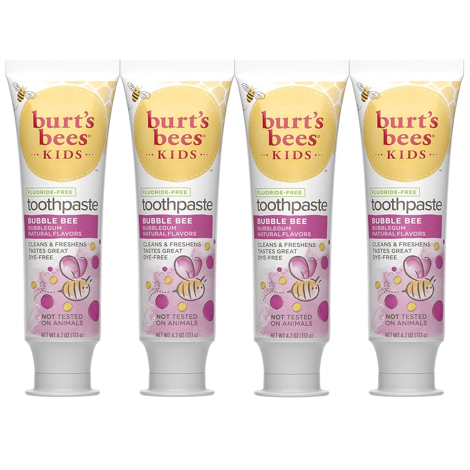 Burt's Bees Kids Toothpaste, Natural Flavor, Fluoride Free, Bubble Bee, 4.7 oz, Pack of 4