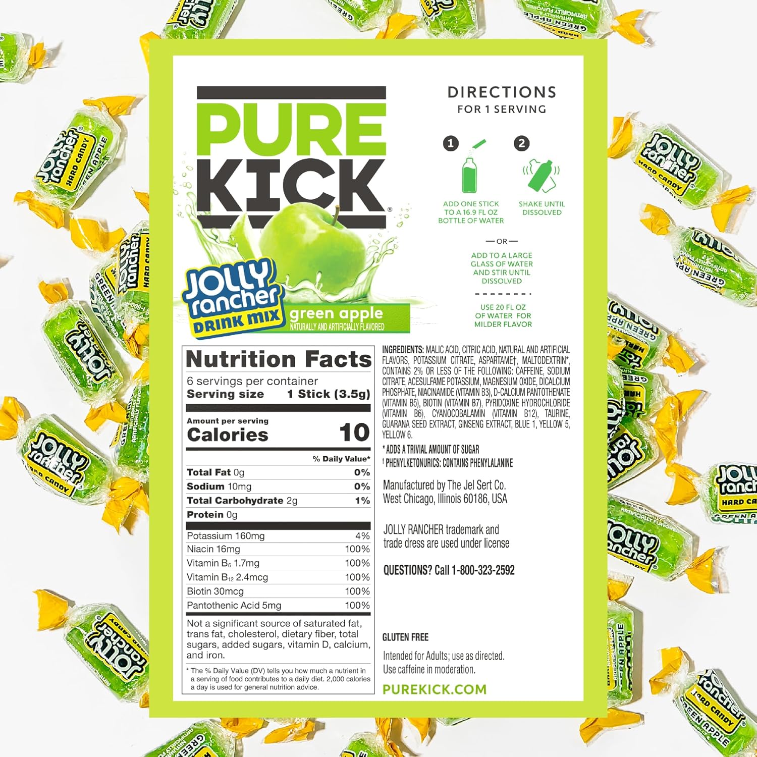 Pure Kick Energy Singles To Go Drink Mix, Jolly Rancher Green Apple, Includes 12 Boxes With 6 Packets In Each Box, 72 Total Packets