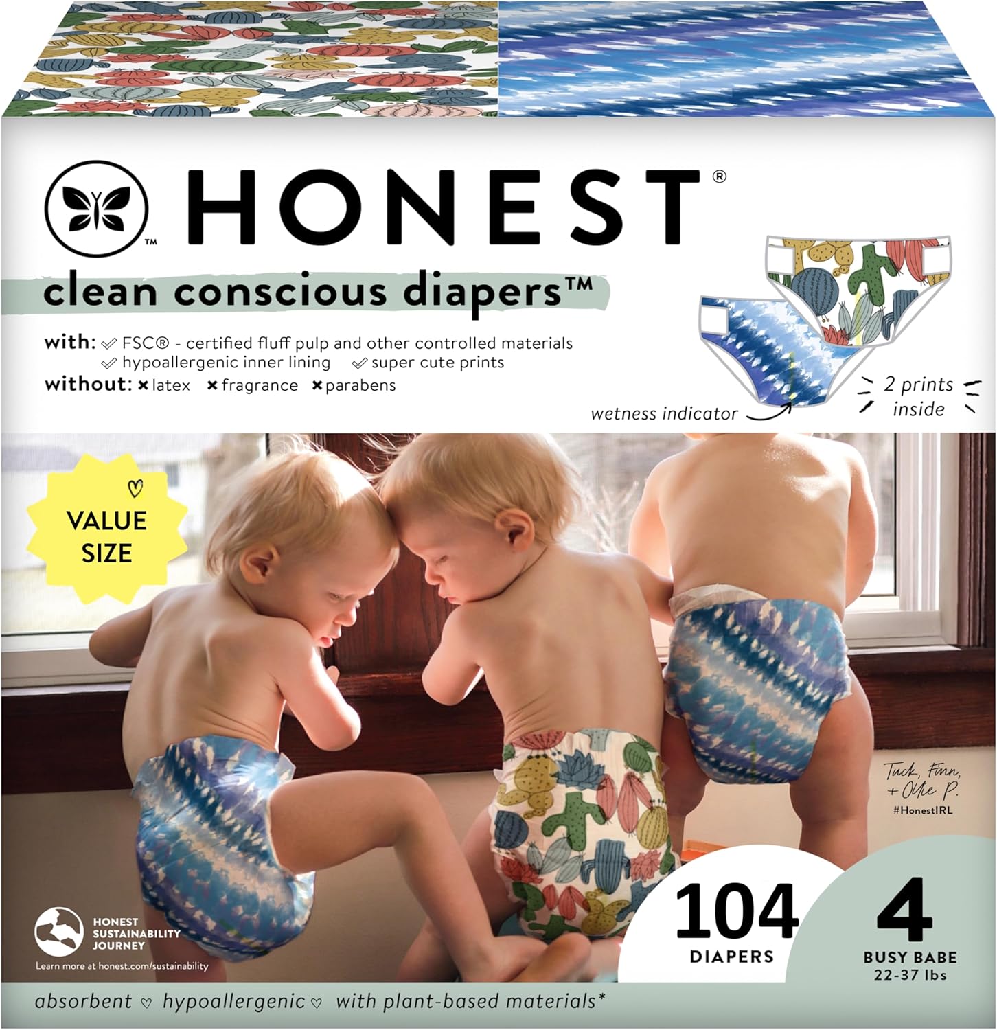 The Honest Company Clean Conscious Diapers | Plant-Based, Sustainable | Tie-Dye For + Cactus Cuties | Super Club Box, Size 4 (22-37 Lbs), 104 Count