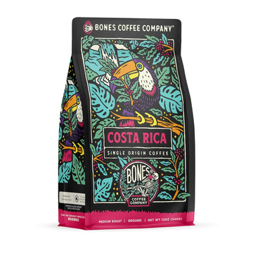 Bones Coffee Company Costa Rica Single-Origin Coffee Beans, Medium Roast Ground Coffee Gifts Low Acid Gourmet, Cocoa, Nutty, Milk Chocolate Notes (12 Oz)