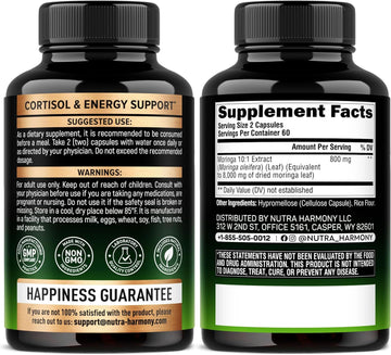Moringa Capsules 800Mg - Pure Moringa Leaf Powder - Extra Strength 10:1 Extract - Superfood Antioxidant For Cortisol Level, Energy & Joint Support - Natural Vegan, Non-Gmo - Made In Usa - 120 Capsules