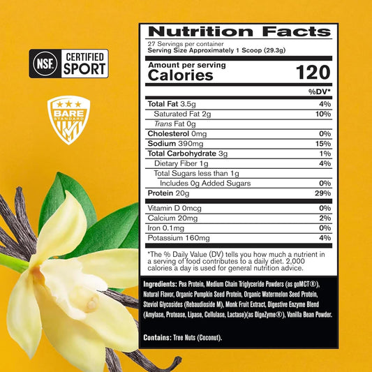 Bare Performance Nutrition Vegan Protein, Plant Based Protein, Pea Protein, Watermelon Protein And Pumpkin Protein, Naturally Sweetened And Flavored (Vanilla)