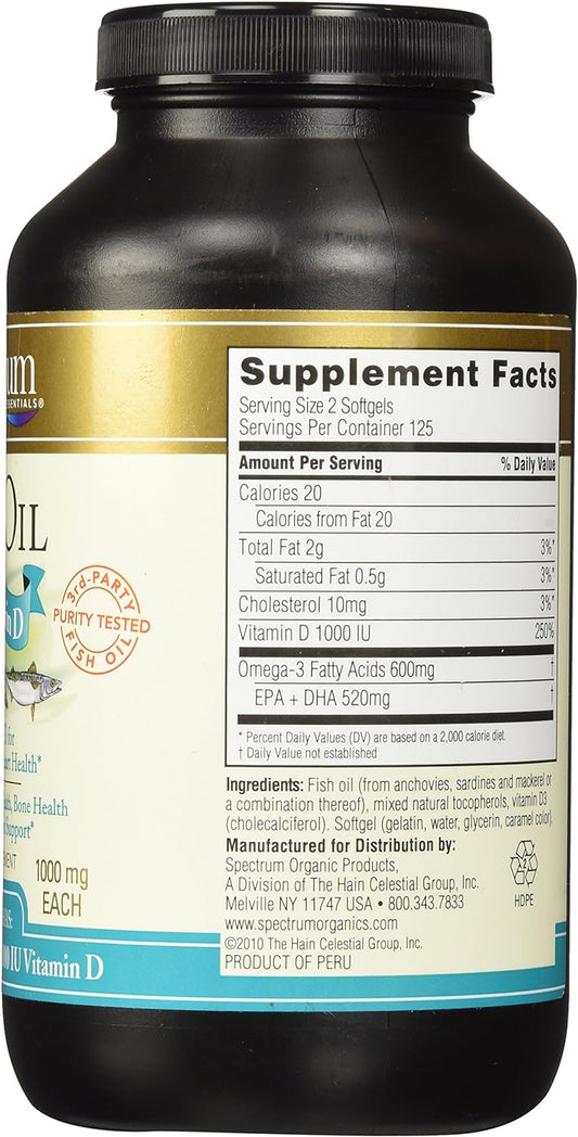 Spectrum Essentials Softgels, Fish Oil with Vitamin D, 1000 mg, 250 Co