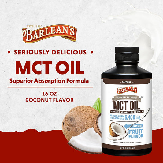 Barlean's MCT Oil Supplement, Coconut Flavored for Keto Coffee, Emulsified Creamy Liquid Syrup with 5,400mg Plant-Based MCT's to Support Energy, Focus and Wellness, 16 oz