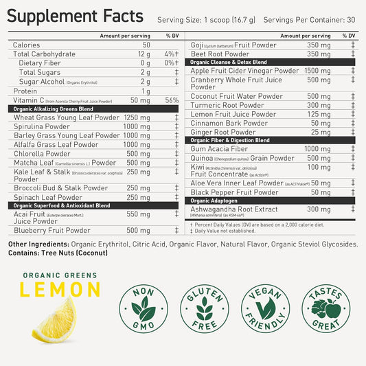 Kaged Organic Greens Superfood Powder | Lemon | Outlive100 | Wellness With Supergreens And Prebiotics | Apple Cider Vinegar | Ashwaghanda | 30 Servings