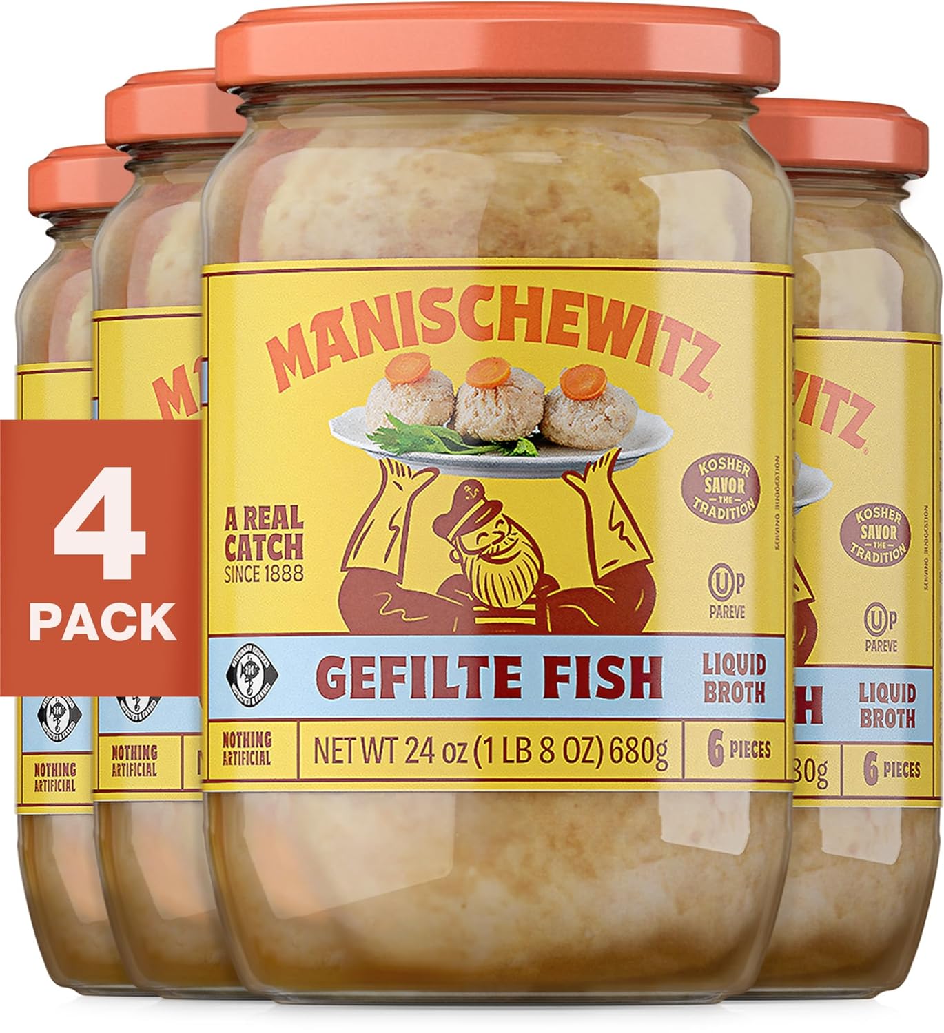 Manischewitz Gefilte Fish in Liquid Broth, 24 oz (4 Pack) | Protein Rich | Kosher for Passover | No MSG