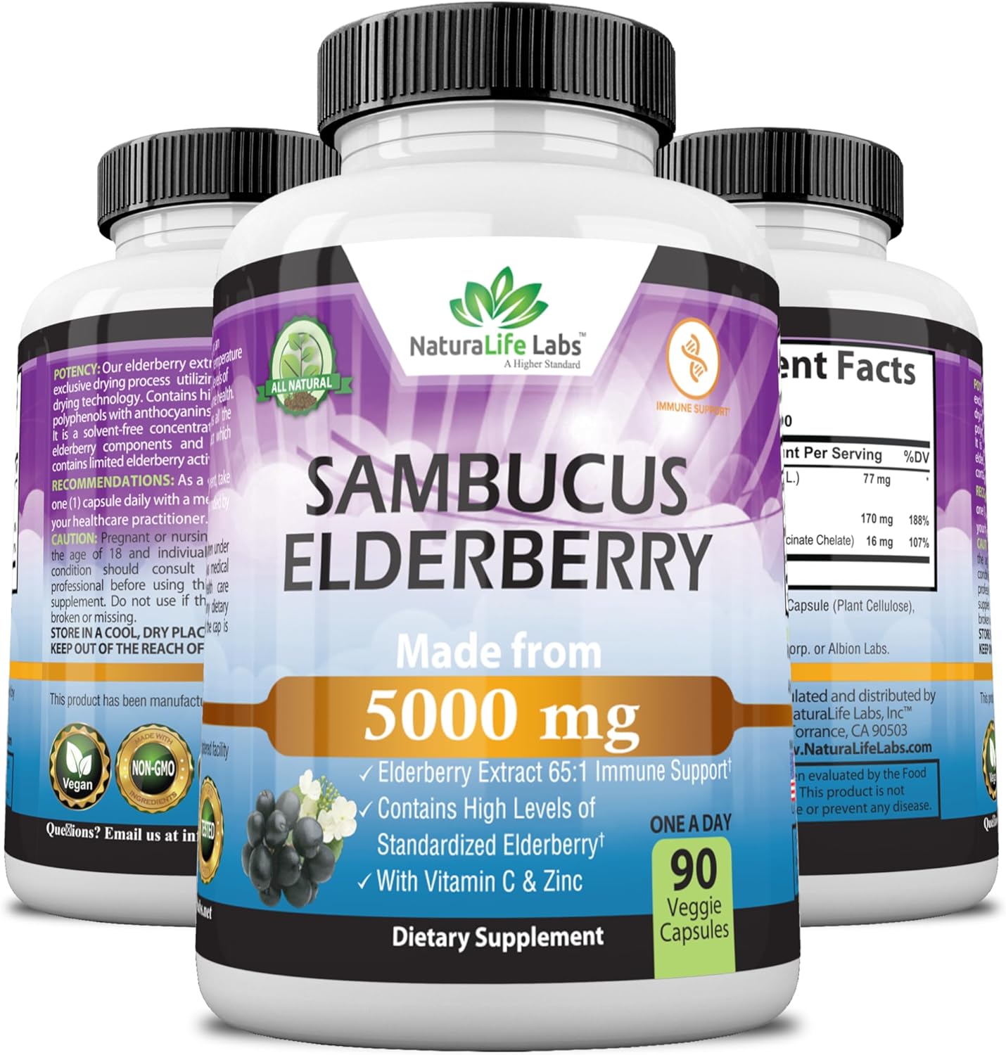NaturaLife Labs Sambucus Elderberry 5,000 mg Super Concentrated 65:1 with Vitamin C & Zinc - 90 Day Supply - Sambucus Extract Immune Support, Immune Defense| Non-GMO | 90 Veggie Capsules : Health & Household
