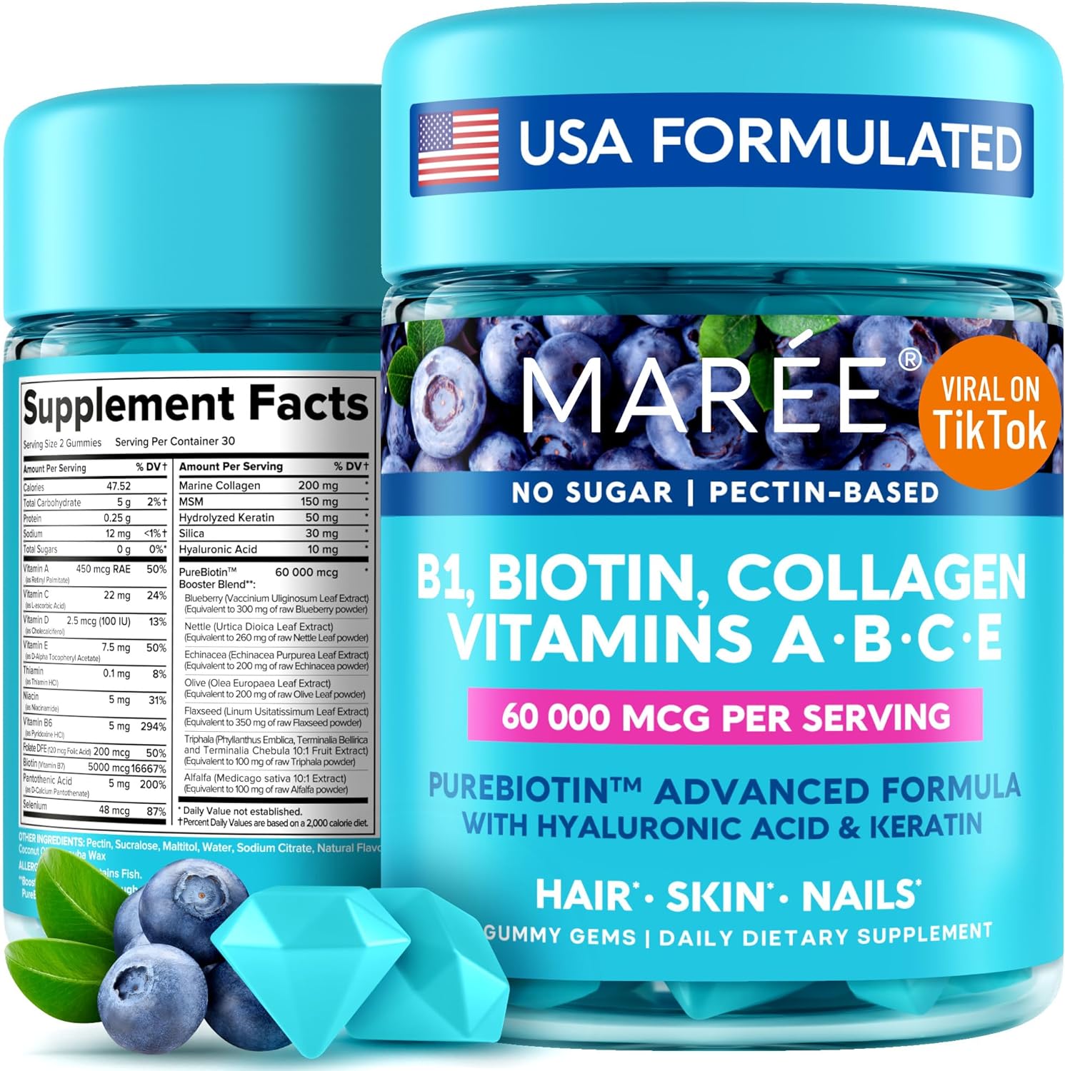 MAREE Vitamin B1 Thiamine & B7 Biotin Gummies - A E D C Vitamins Complex with Keratin, Collagen, Hyaluronic & Pantothenic Acid for Skin, Nails & Hair