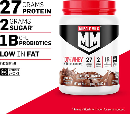 Muscle Milk 100% Whey With Probiotics Protein Powder, Vanilla, 1.85 Pound, 23 Servings, 27G Protein, 2G Sugar, 1B Cfu Probiotics, Low In Fat, Nsf Certified For Sport, Packaging May Vary