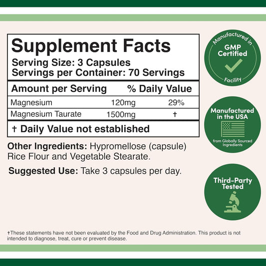 Magnesium Taurate Supplement For Cardiovascular Health To Boost Magnesium Levels (1,500Mg Per Serving, 210 Vegan Capsules) Non-Gmo, Gluten Free, By Double Wood Supplements