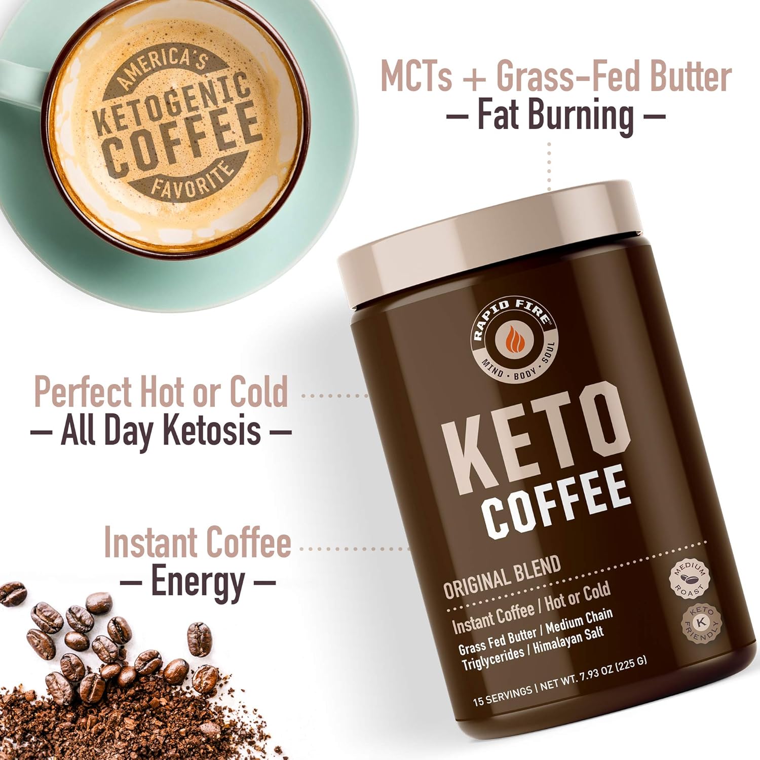 Rapid Fire Ketogenic Fair Trade Instant Keto Coffee Mix Supports Energy Metabolism Weight Loss Ketogenic Diet Canister 15 servings, Original, 7.93 Ounce : Grocery & Gourmet Food