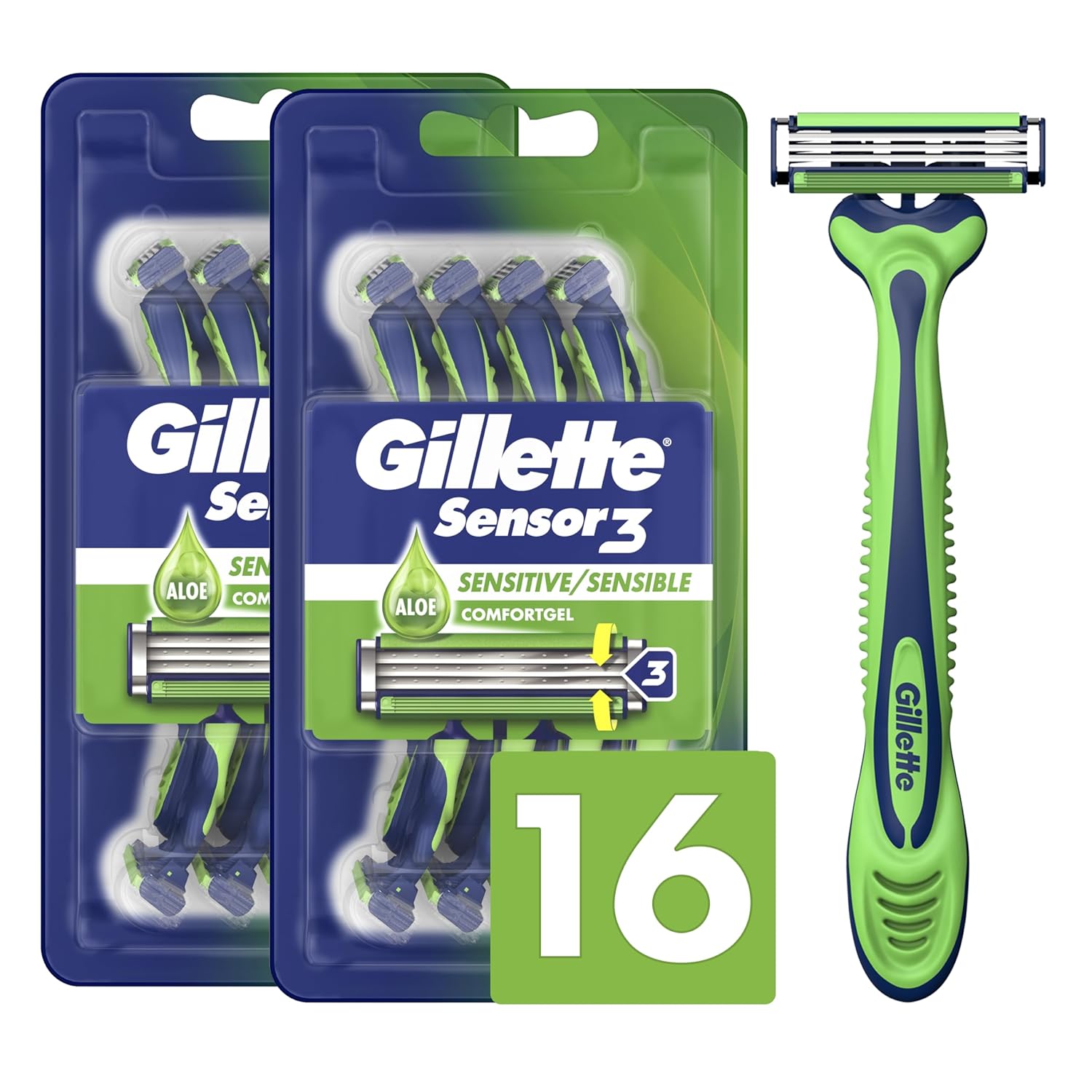 Gillette Sensor3 Sensitive Disposable Razors For Men, Enhanced Lubrastrip Glides Easily Over Your Skin, 8 Count (Pack Of 2)